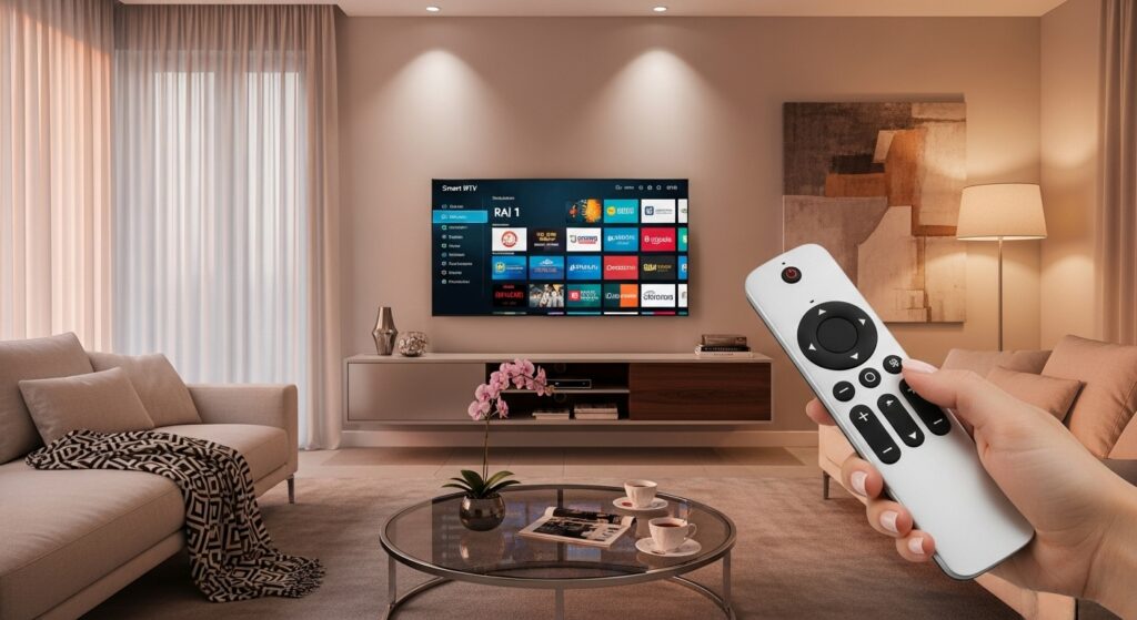 interfaccia smart iptv attiva su smart tv in salotto italiano moderno