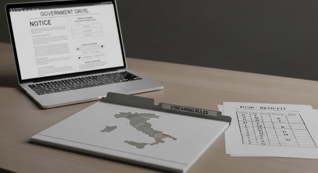 Italy IPTV: Migliori App e Dispositivi per Vedere Bene nel 2026 1 italy iptv “italy iptv legal safety image with a simple risk benefit matrix and generic streaming rules paperwork”