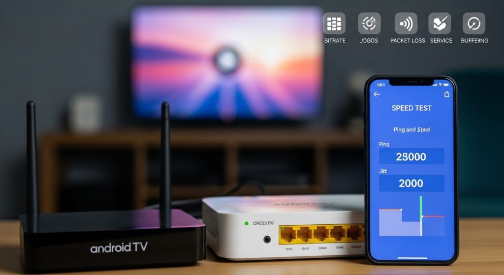 Italy IPTV: Migliori App e Dispositivi per Vedere Bene nel 2026 2 italy iptv “italy iptv performance test setup with router, TV box, and speed test screen showing ping and jitter”