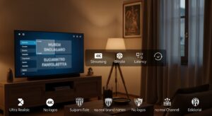 “italy iptv featured image showing a TV streaming dashboard with 4K and latency indicators in an Italian living room”
