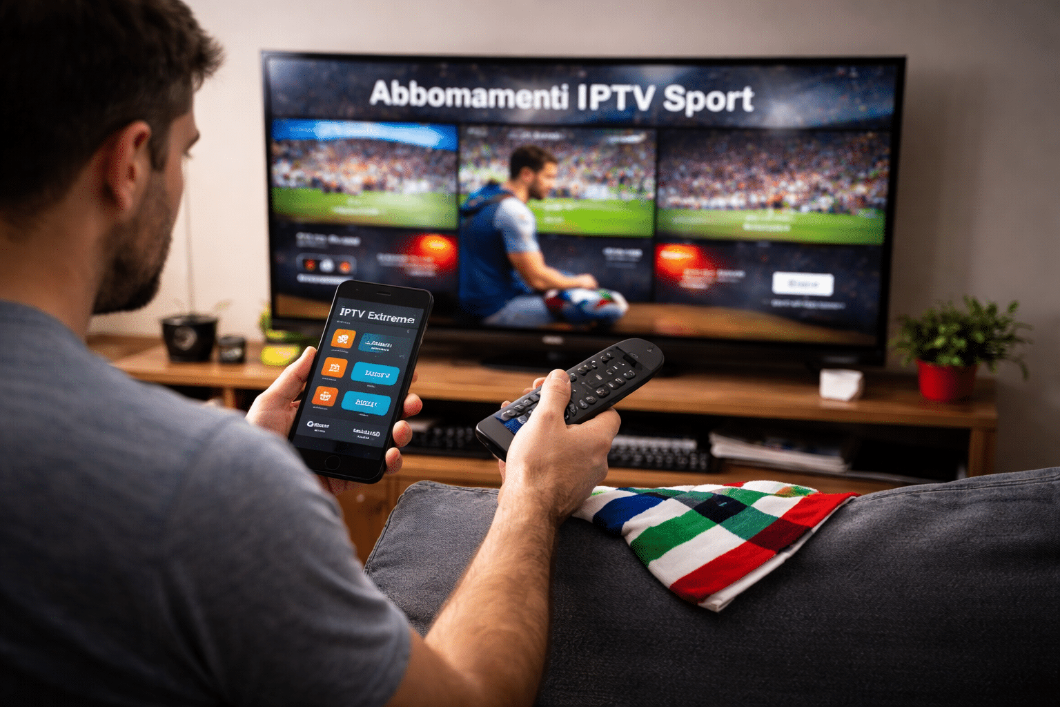 Utente che confronta opzioni di abbonamento iptv su Smart TV e smartphone per seguire sport in Italia