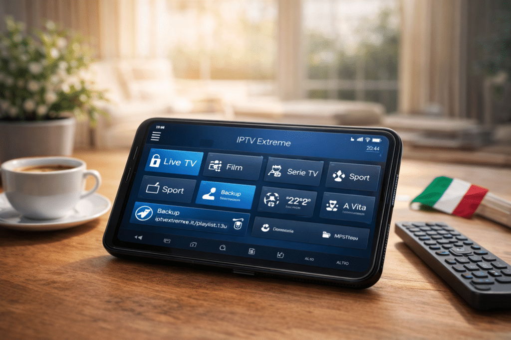 Schermata realistica di iptv extreme portal configurato su smartphone Android con interfaccia chiara e ambiente domestico moderno in Italia