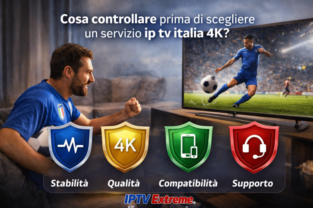 Tifoso italiano valuta stabilità qualità compatibilità e supporto per scegliere ip tv italia 4k davanti alla TV.