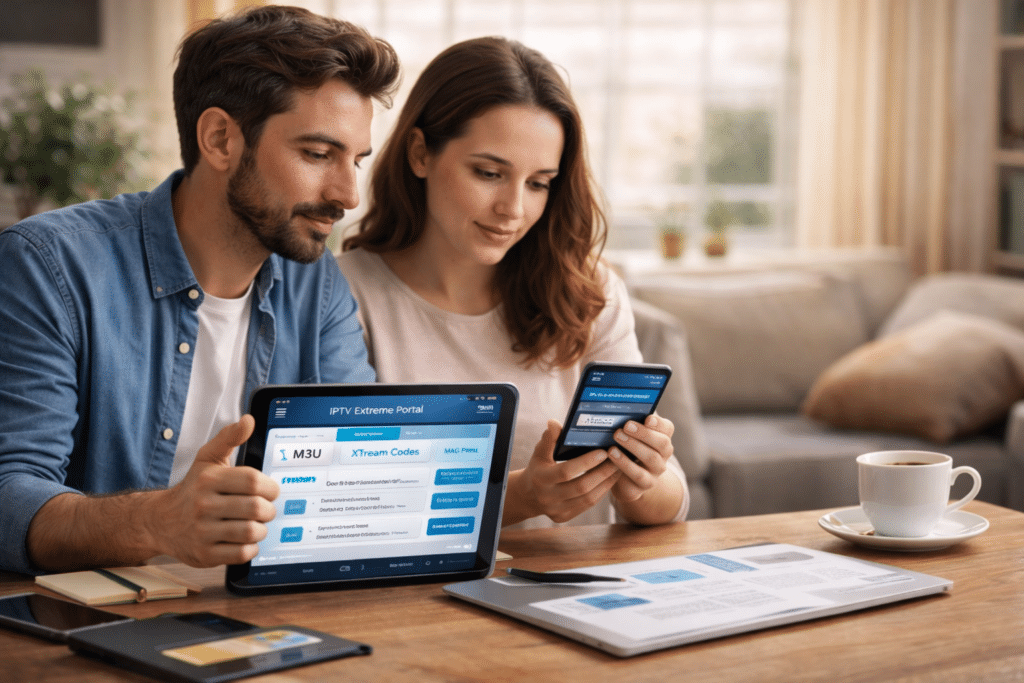 Utente italiano che confronta iptv extreme portal su tablet e smartphone prima di scegliere il metodo di configurazione più adatto