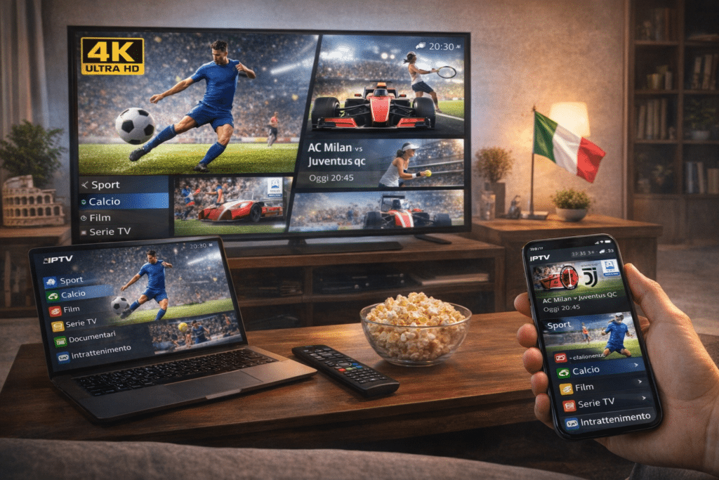 TV laptop e smartphone mostrano ip tv italia 4k in un soggiorno con utilizzo multi-dispositivo.