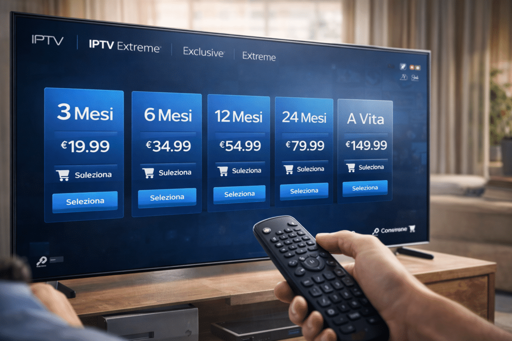 Confronto realistico dei piani iptv extreme portal da 3 6 12 24 mesi e lifetime mostrato su schermo per utente italiano