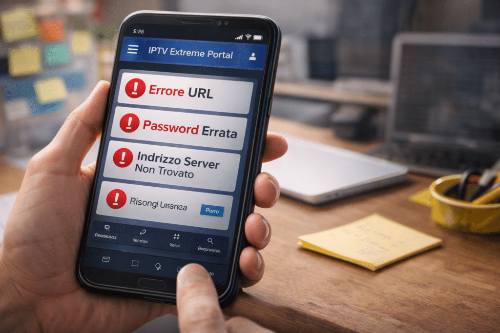 Utente che corregge errori comuni in iptv extreme portal su smartphone con avvisi chiari e configurazione realistica in verticale