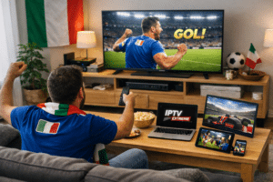 Tifoso italiano in salotto con TV e più dispositivi mentre confronta il miglior abbonamento iptv italia per vedere sport in diretta