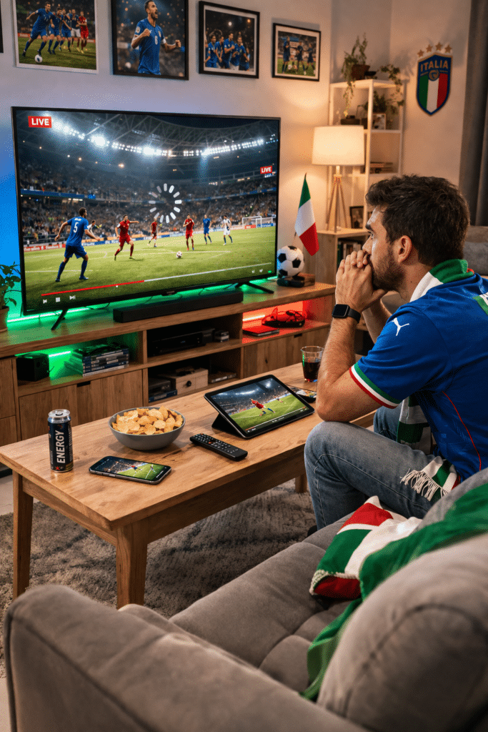 Appassionato di calcio in salotto davanti alla TV mentre cerca il miglior abbonamento iptv italia per guardare sport live senza buffering