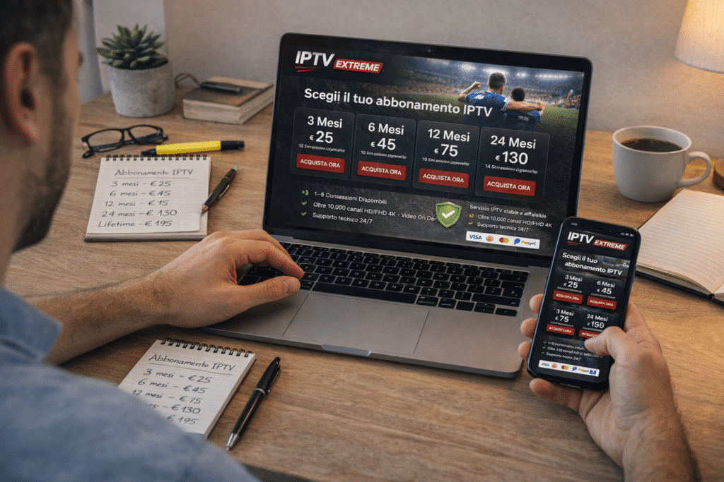 Famiglia in casa con più schermi mentre valuta il miglior abbonamento iptv italia per sport, TV e uso multi-dispositivo
