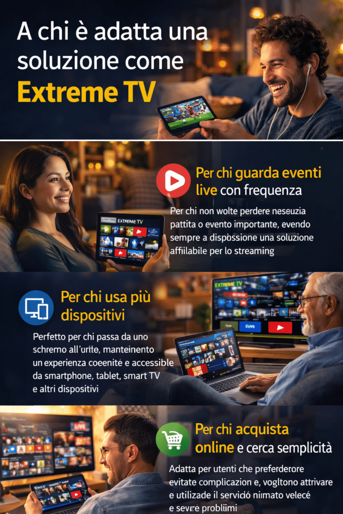 Persone che usano un iptv abbonamento italiano con Extreme TV su smartphone, tablet e smart TV per eventi live e streaming quotidiano