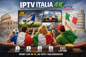 Appassionati italiani guardano eventi sportivi su Smart TV con ip tv italia 4k in un soggiorno moderno.