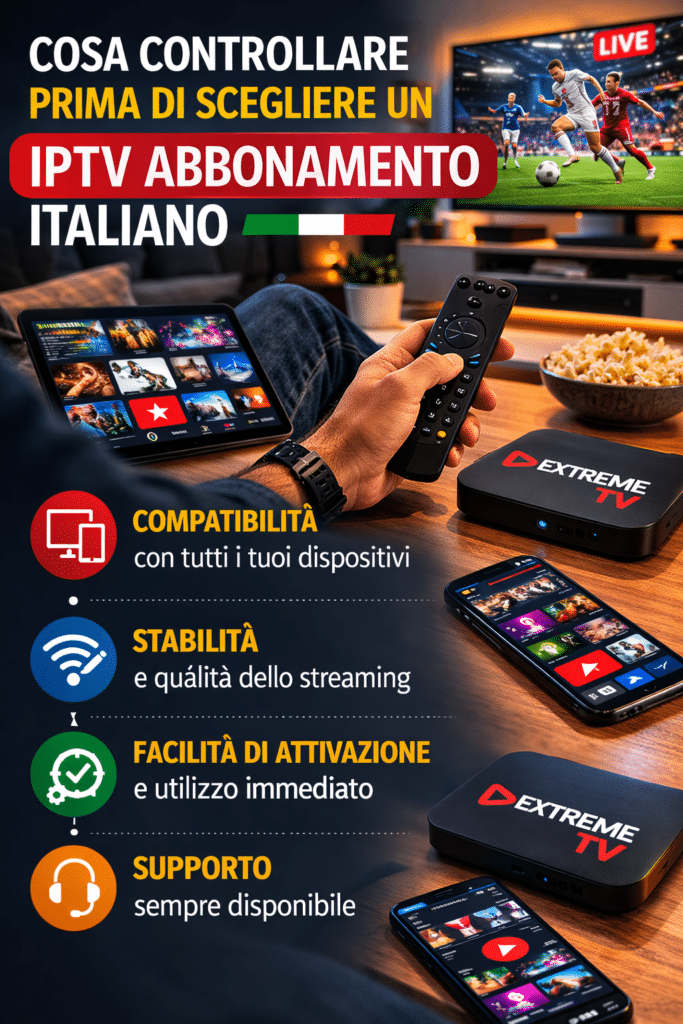 Utente in salotto mentre valuta un iptv abbonamento italiano su TV e smartphone controllando compatibilità, qualità streaming e facilità d’uso