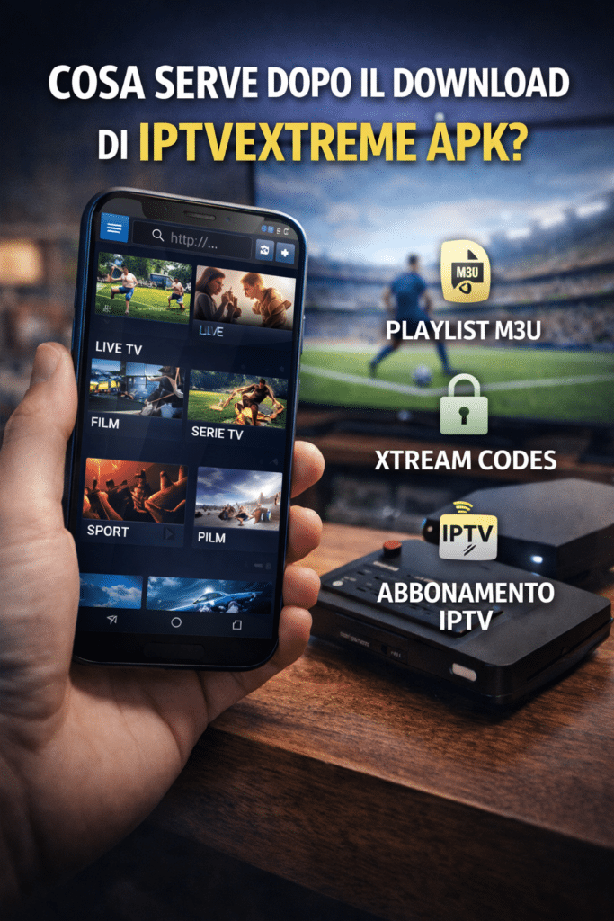 Utente che usa iptvextreme apk su smartphone Android con playlist M3U, Xtream Codes e abbonamento IPTV compatibile