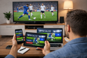 Utente che guarda una partita di calcio su Smart TV in un salotto moderno mentre confronta una soluzione iptv calcio su più dispositivi in Italia