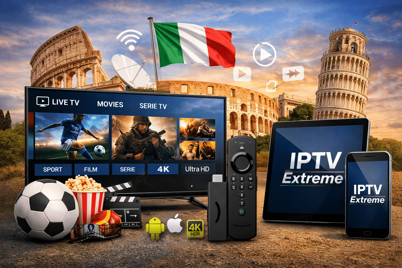 iptv abbonamento visualizzato su Smart TV, tablet e smartphone con contenuti sportivi e intrattenimento in un contesto italiano