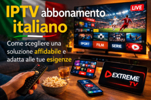 Scena realistica di salotto moderno con iptv abbonamento italiano su TV, smartphone e dispositivo Extreme TV durante la visione di eventi live