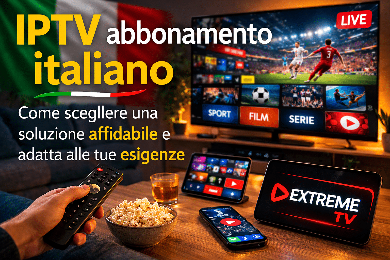 Scena realistica di salotto moderno con iptv abbonamento italiano su TV, smartphone e dispositivo Extreme TV durante la visione di eventi live
