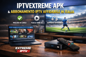 Schermata realistica di iptvextreme apk su dispositivo Android con TV, decoder e contesto domestico in Italia