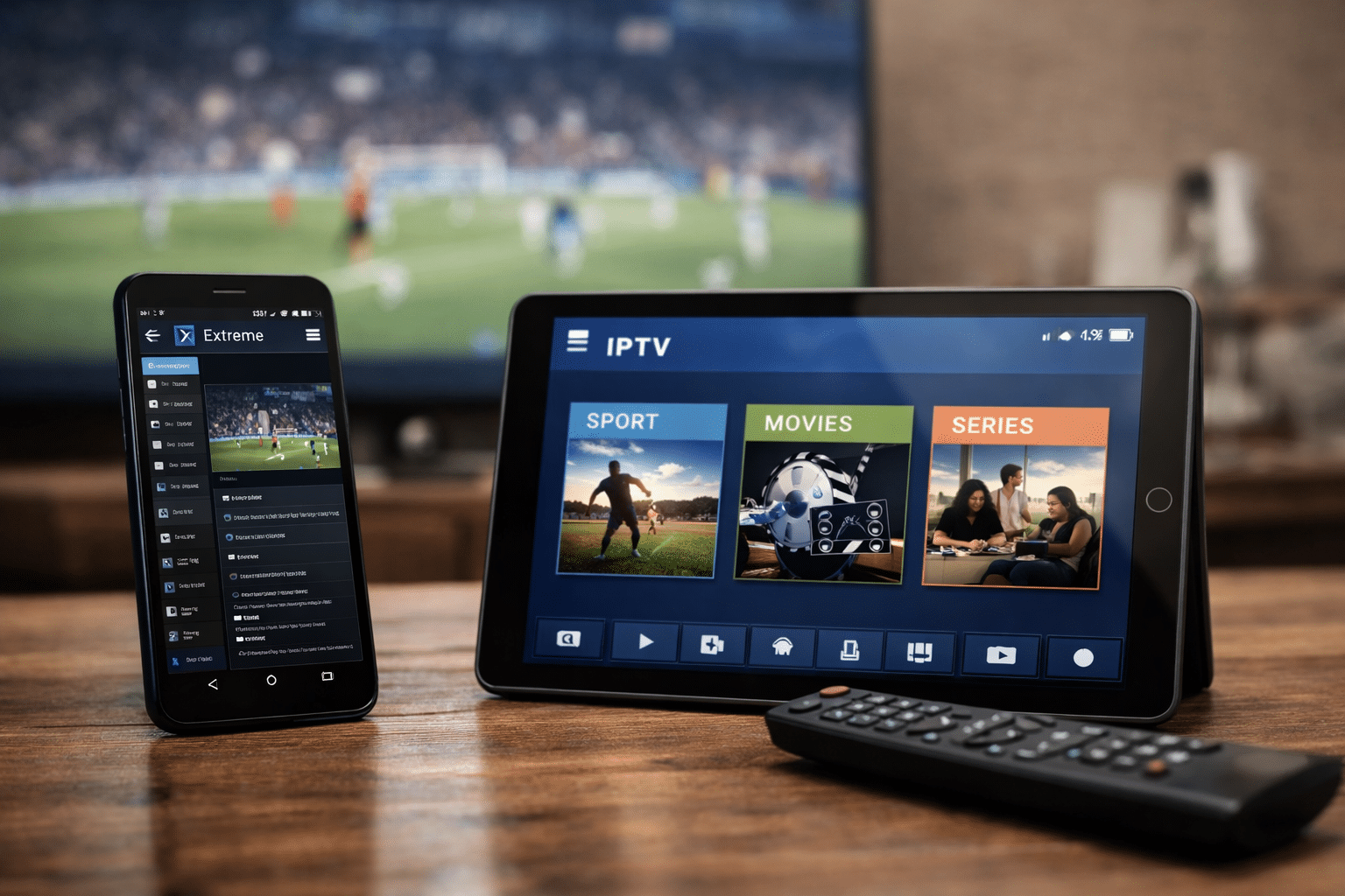 Schermo Android con interfaccia IPTV e TV sullo sfondo per illustrare kool iptv android in un contesto realistico di utilizzo domestico